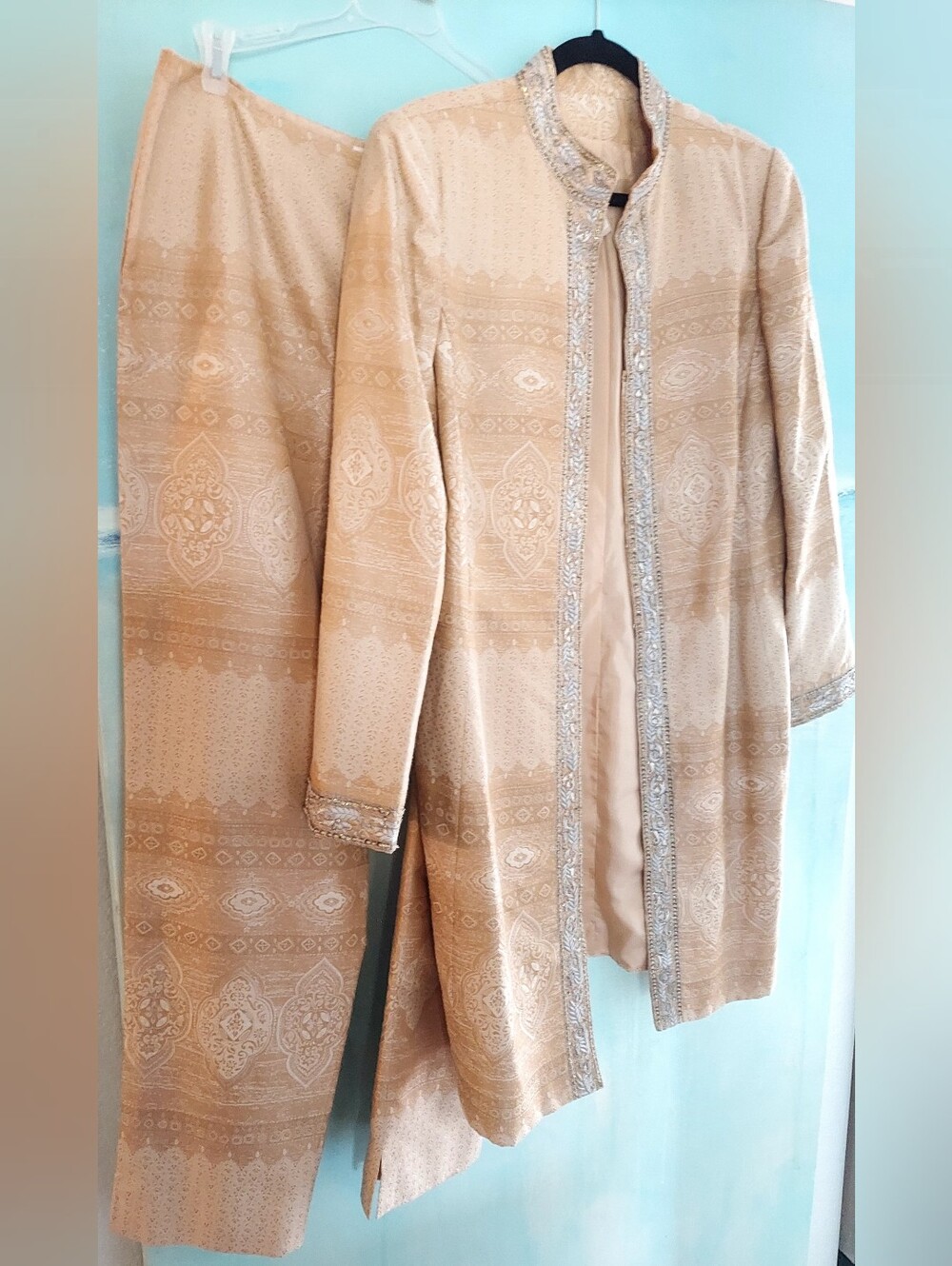 $2,000 OSCAR DE LA RENTA SILK LINED GOLDEN BEAD JACKET PANT SUIT 14